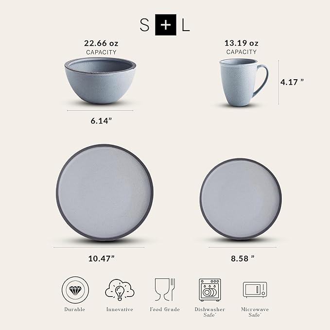 Stone Lain Tina Rustic Stoneware Reactive Glaze Dinnerware Set, Service for 4, Blue and Grey, 16 Piece