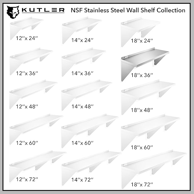 KUTLER Stainless Steel Shelf - 18" x 36", NSF Commercial Wall Mount Shelves with Backsplash, Floating Metal Shelving for Restaurant, Kitchen, Home