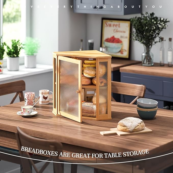 Corner Bread Box Kitchen Countertop Extra Large Capacity Farmhouse Bread Box, Corner Countertop Storage, Double Layer Bread Holder (Natural, Extra Large)