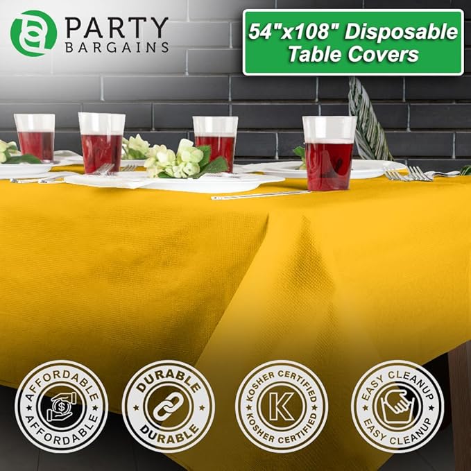 PARTY BARGAINS Disposable Table Covers, 54 x 108 Inch, Yellow, 3-Ply Paper & Plastic Spill-Resistant Party Tablecloths, 10 Pack