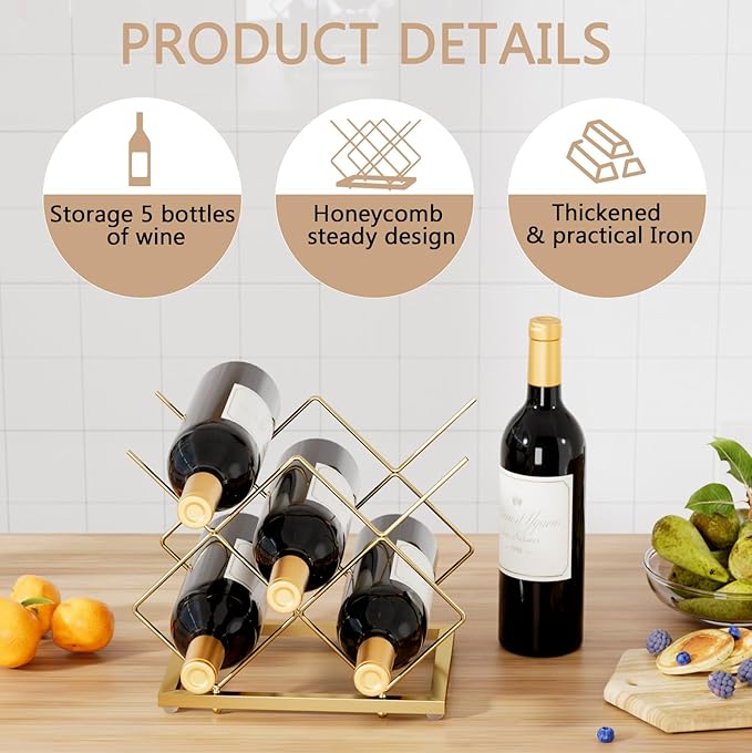 Urban Deco Gold Wine Rack Small Countertop for Cabinets ??5 Wine Holder Countertop Stylish and Compact Small Wine Racks