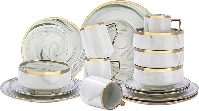16 Piece Plates and Bowls Sets, Fine China Artisan Marbled Dinner Set for 4, Dishwahser Safe, Scratch Resistant, Green with Gold Line