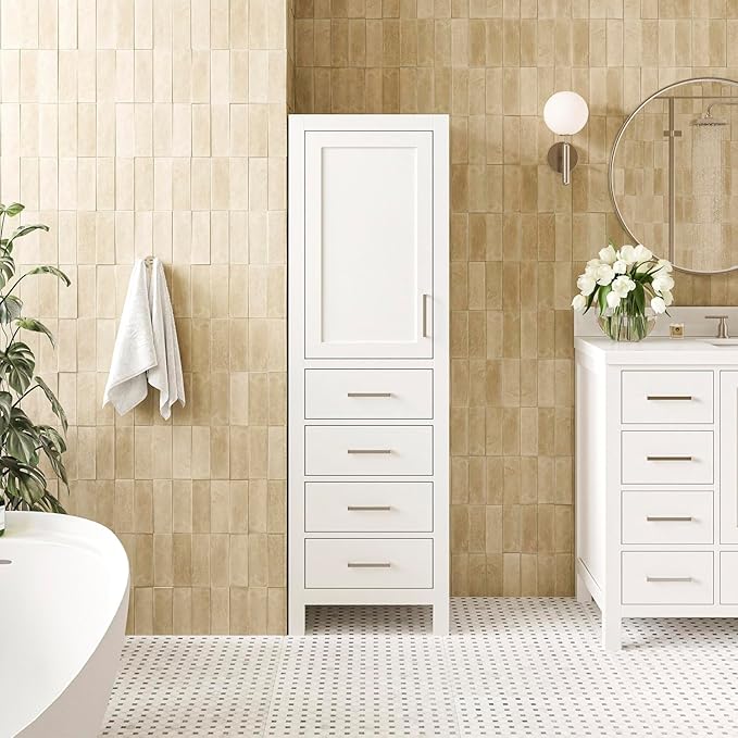 ARIEL Cambridge Bathroom Storage Cabinet - Solid Hevea Wood and Fully Assembled for Long-Lasting Durability and Sophisticated Finish, Freestanding Linen Bathroom Cabinet - 65?쒱 x 20?쓂 x 16?쒭, White