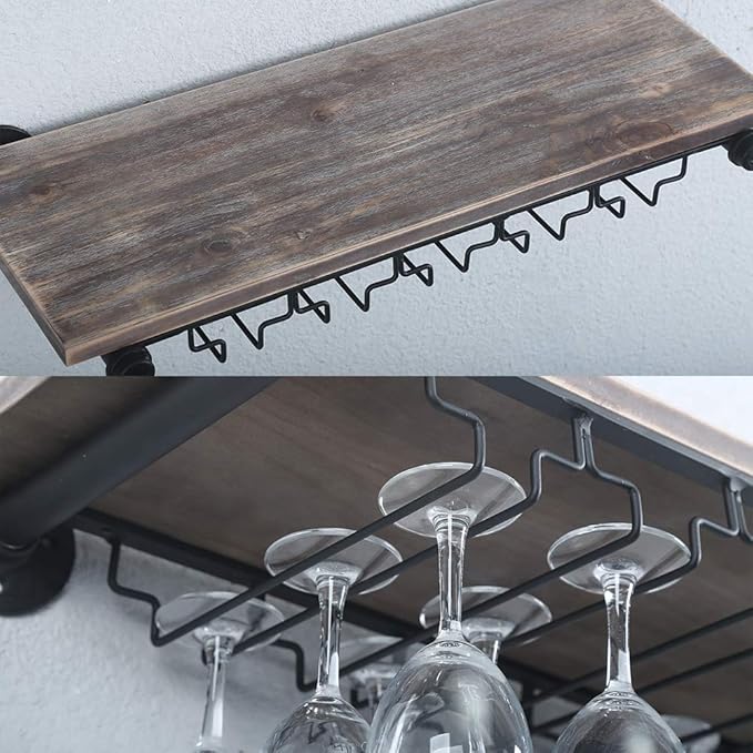 Industrial Wine Rack Wall Mounted with 5 Glass Holder,Wine Glass Rack Floating Wine Glass Shelf,24in Pipe Shelving Hanging Wood Shelves