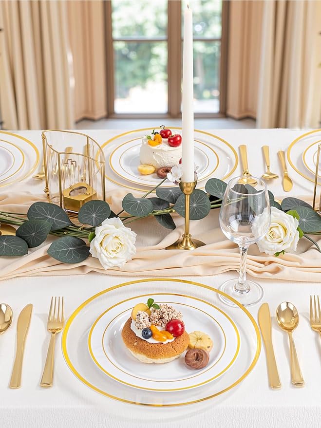 WDF 25Pack Gold Charger Plates - 12inch Clear Chargers with Gold Trim - Clear Plates Disposable for Dinner Wedding Birthday Valentine's Day