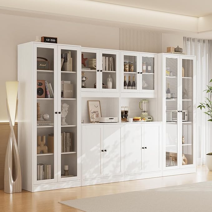 VOWNER 4PCS Bookshelf and Bookcase, 5-Tier Modern Bookshelves with 3 Large Drawer, Glass Display Cabinet with Lager Storage Shelf, Combination Storage Shelves for Home Office, White (AACC)