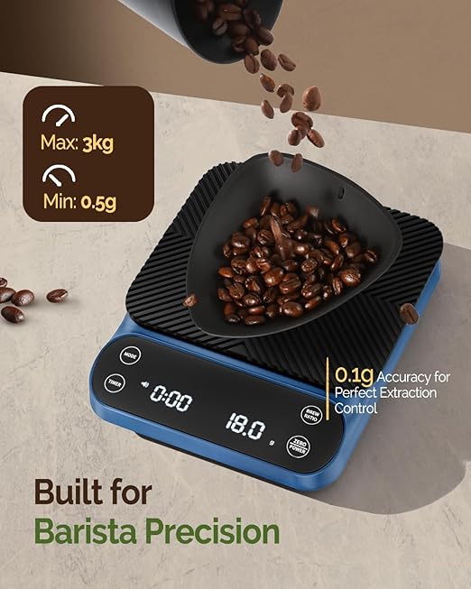 Maestri House S3 Coffee Scale with Timer, 3kg/0.1g Rechargeable Digital Scale, 3 Brew Modes, Adjustable Ratios & Flow Rate Display, Barista-Grade for Pour-Over, Espresso, French Press ??Blue