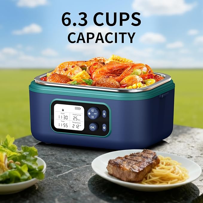 EDCREATY Cordless Electric Heated Lunch Box, 1.5L 6.3Cups 24000mAh Rechargeable Battery Self-Heating Lunch Box, Smart Timer, Even Heating, 100W Portable Food Warmer for Office, Picnic, Car, Outdoor