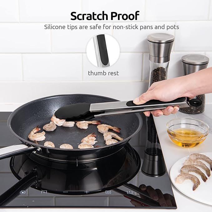 600쨘F Heat Resistant Kitchen Tongs: U-Taste 12 inch Large Silicone Cooking Tong with Sturdy Non Stick Rubber Tips & Silicon Coated 18/8 Stainless Steel Handle & Smooth Locking for Serving Grill(Black)