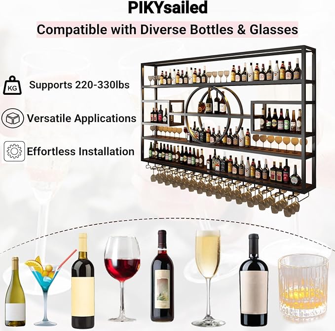 59" Metal Wine Rack Wall Mounted, Multi Functional Bar Shelves for Liquor Bottles with Glass Holder, Modern Wood Bar Shelves Wall Mounted for Home Bar & Dining Room, Gold(57" Height)