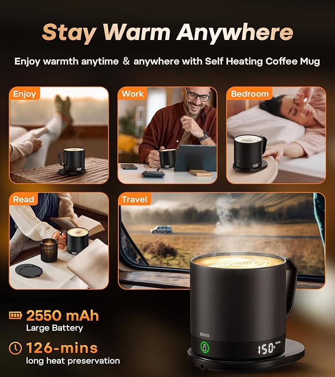 Heated Coffee Mug Rechargeable - Temperature Control Self Heating Coffee Mug 14oz with Lid, Double Sided & Real-Time LED Display, Hot up to 150?? Birthday Gifts for Women and Men(Black)
