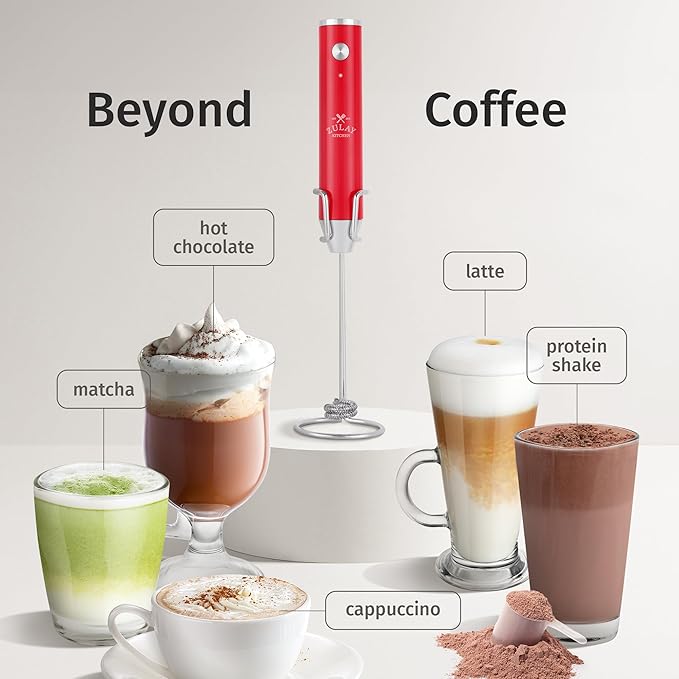 Zulay Kitchen Lux Electric Milk Frother Rechargeable Handheld - Powerful 2-Speed Motor, Waterproof, 2000mAh Battery - Drink Mixer for Latte, Cappuccino, Matcha & Protein Powder - Scarlet