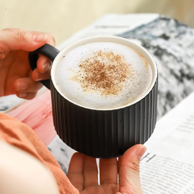 HASENSE Coffee Mug Ceramic Set of 4 with Stand - 15 oz Stackable Large Porcelain Ribbed Latte Cup Set for Cappuccino, Tea, Hot Cocoa, Drinks - Dishwasher & Microwave Safe, Black