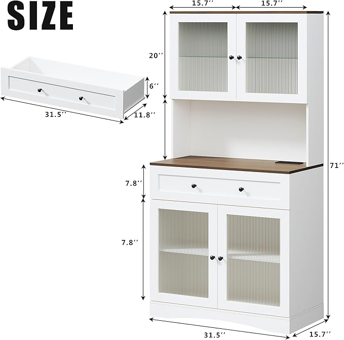 71" Pantry Cabinet with LED Lights and Charging Station, Kitchen Pantry Storage Cabinet with Large Drawer, 4 Doors and 3 Adjustable Shelves, Kitchen Cabinets with Countertop, Light White