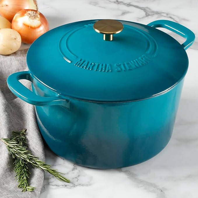 Martha Stewart Gatwick 7-Quart Enamel Cast Iron Dutch Oven ??Emerald Ombre with Gold Knob ??Durable Heavy-Duty Dutch Oven for Slow Cooking, Braising & Baking
