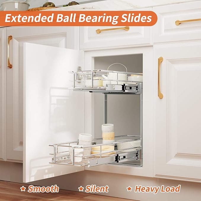 ROOMTEC Individual Pull Out Cabinet Organizer (9" W x 21쩍" D), 2 Tier Spice Rack Organizer for Cabinet, Slide Out Drawer Pantry Shelf Organization and Storage for Kitchen Bathroom