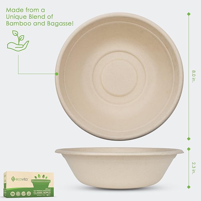 Ecovita 100% Compostable Paper Bowls [32 oz.] ??150 Disposable Bowls Eco Friendly Sturdy Tree Free Liquid and Heat Resistant Alternative to Plastic or Paper Bowls