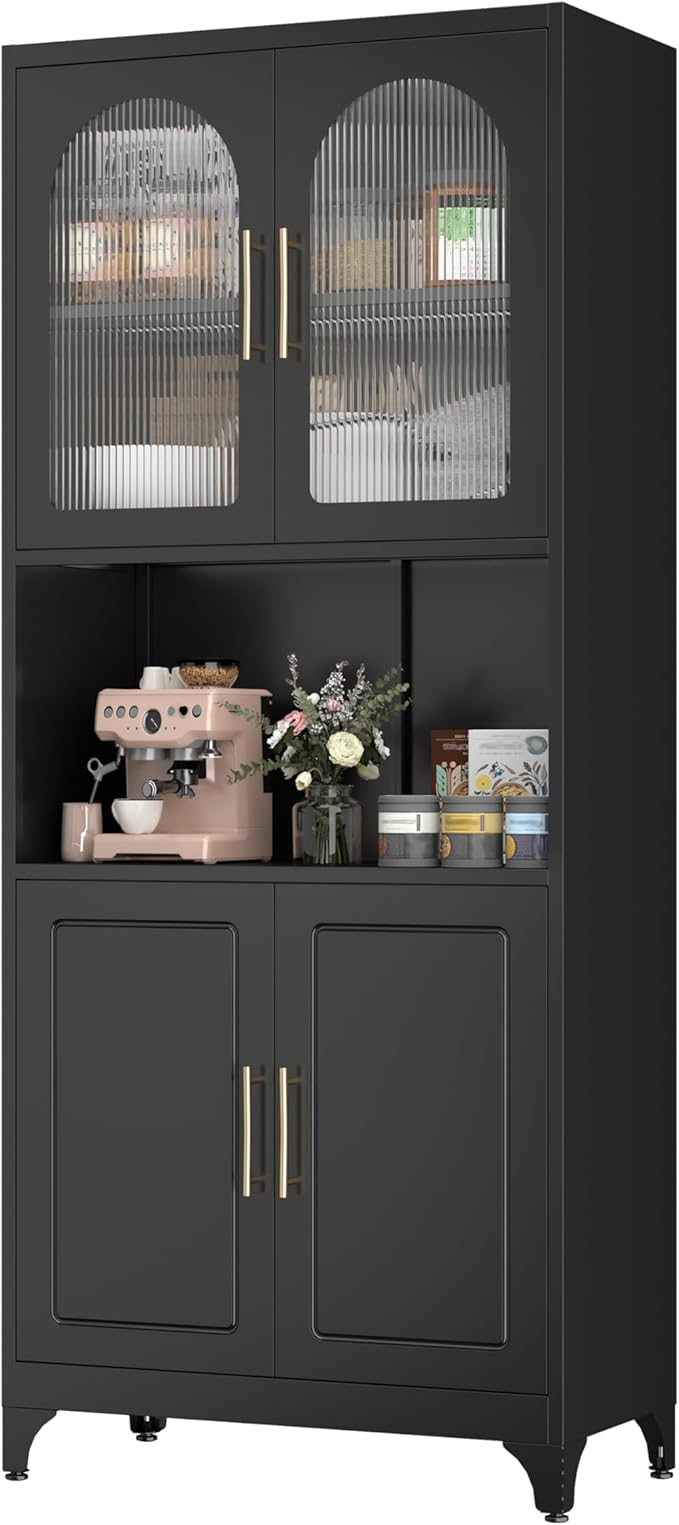 75" Metal Kitchen Pantry Storage Cabinet,Kitchen Hutch Food Pantry Cabinet with Microwave Stand,Freestanding Larder Cupboard with Doors and Adjustable Shelves for Bathroom