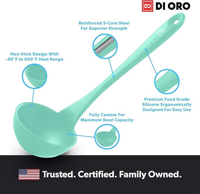 DI ORO Silicone Ladle ??Soup Ladle for Cooking & Serving Heat-Resistant - Large Kitchen Soup Ladle Nonstick Cookware Safe - Soup Serving Spoon with Wide Bowl - Silicone Utensil Dishwasher Safe (Mint)
