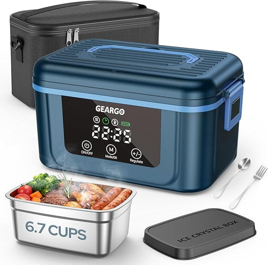 GEARGO ?윇?윃?윇?윍 ?릶?맗?맆?맜?릾?맃?맄?맃 Cordless Electric Lunch Box, 1.6L & 24000mAh Rechargeable Heated Lunch Box with Ice Crystal Box, 24 Hours Scheduled Self Heating Lunchbox For Work Men Women(Blue)