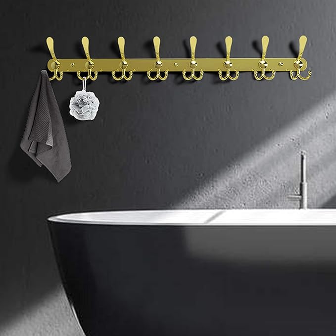 Dseap Coat Rack Wall Mount - 29.5??Long 8-Tri-Hooks Heavy Duty Coat Hanger Rail Wall Hooks for Hanging Coats Hats Clothing Clothes Purse Mudroom Entryway, Gold