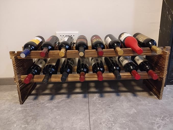 Carbonized Pine Wood Wine Rack - 2-Tier Stackable Wine Storage, Holds 16 Bottles, Freestanding Wine Organizer for Kitchen, Living Room, Stylish & Durable