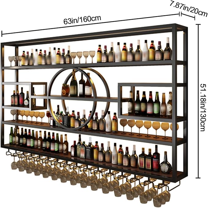 47in Wine Rack Wall Mounted, Large Capacity Hanging Wine Bottles Display Shelf with Glasses Holder, 4 Tier Industrial Bar Liquor Storage Shelves for Home Bar Kitchen,Living Room (Gold, 47in/120cm)