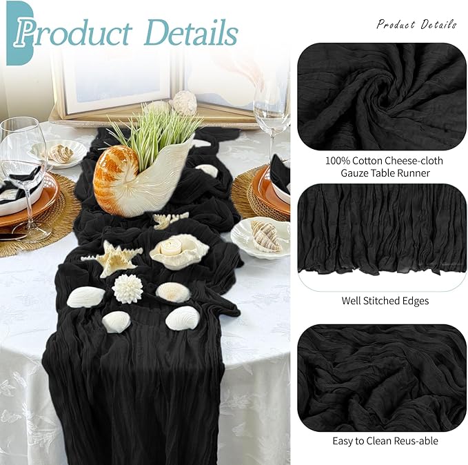 RealBox 3 Pack Black Cheesecloth Table Runner 17x108 Inch Semi Sheer Boho Gauze Cheese Cloth Fabric Table Runners Table Decor for Wedding Party Baby Shower Birthday Home Decor Garden Farmhouse