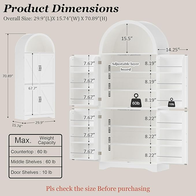 Arched Pantry Cabinet, 70" Tall Arched Cabinet with Adjustable Shelves and Induction 3 Color Lights, Kitchen Pantry Cabinets, Cupboard with Barn Doors for Kitchen or Living Room, White