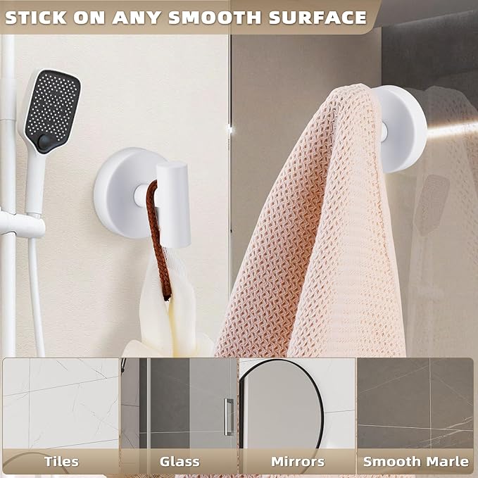 Suction Cup Hooks for Shower - Bathroom Reusable Hooks for Towels, Robes & Loofah - No-Drill Mounting on Kitchen,Walls,Metal,Glass,Mirrors,Tile & Smooth Non-Porous Surfaces (4, White)