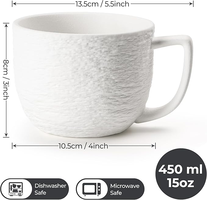 MIAMIO - Coffee Mug Set of 4 x 450 ml Cups/White Mugs Ceramic with Embossed Rock Texture for Coffee, Latte, Tea - Oasis Collection