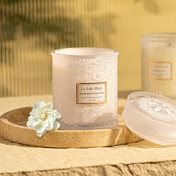 LA JOLIE MUSE Gardenia & Ylang Ylang Scented Candle ??Ylang, Tuberose, Orange Blossom |19 oz Large Wooden Wick Candle | Natural Soy Wax | 90 Hours Clean Burn | Gift-Ready for Hosts