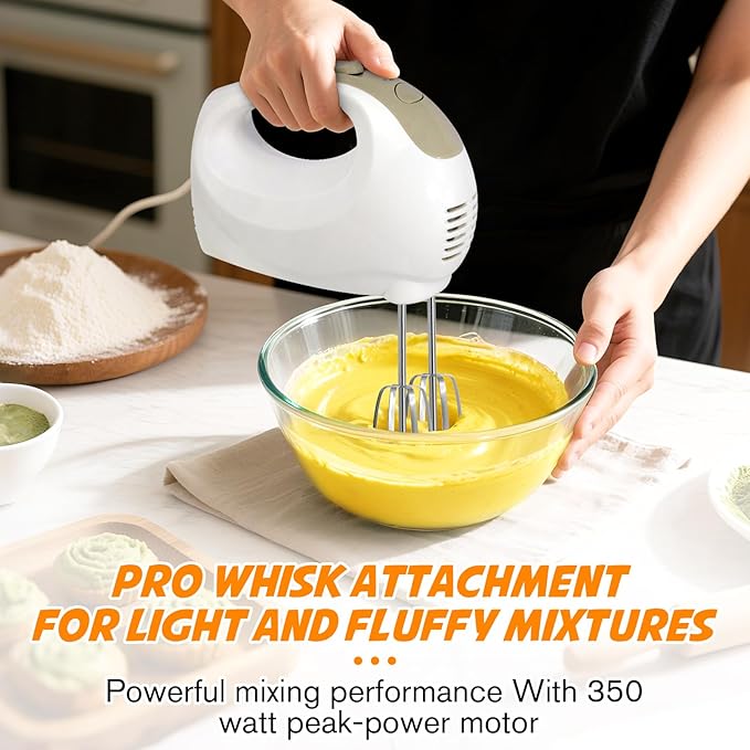 Handmixer - 5 Speed Portable Kitchen Mixer Electric Handheld with 5 Stainless Steel Accessories Whisk, Food Beater, ?ŒIvory