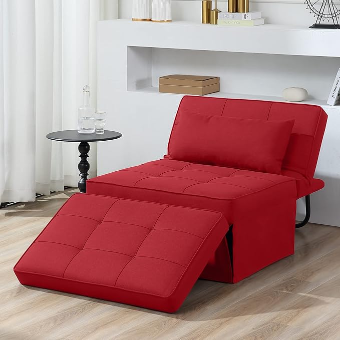 BIGSYY Sofa Bed, 4 in 1 Multi-Function Folding Ottoman Breathable Linen Couch Bed with Adjustable Backrest Modern Convertible Chair for Living Room Apartment Office, Red