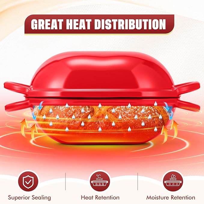 Maxdot 4qt Dutch Oven with Lid Enameled Cast Iron Sourdough Bread Pan for Christmas Baking Non Stick Single with Loop Handles for Christmas Family Homemade Breadbaking(Red)