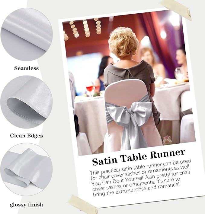 Yblut 10 Pack Satin Table Runner 12 x 108 Inch Long Silver Silk Table Runner for Wedding Party Banquet Birthday Decoration