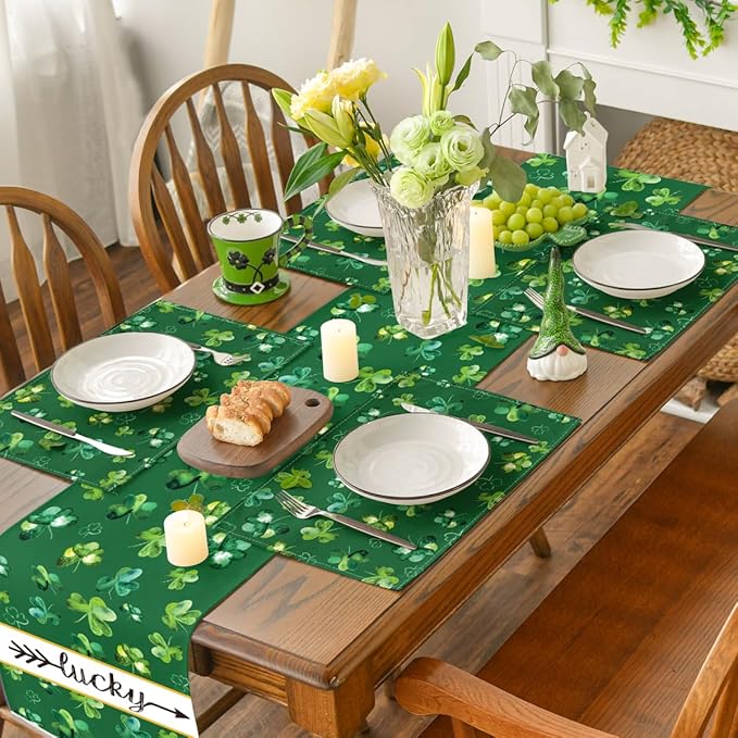 Artoid Mode Green Lucky Shamrock St. Patrick's Day Placemats Set of 4, 12x18 Inch Seasonal Spring Table Mats for Party Kitchen Dining Decoration