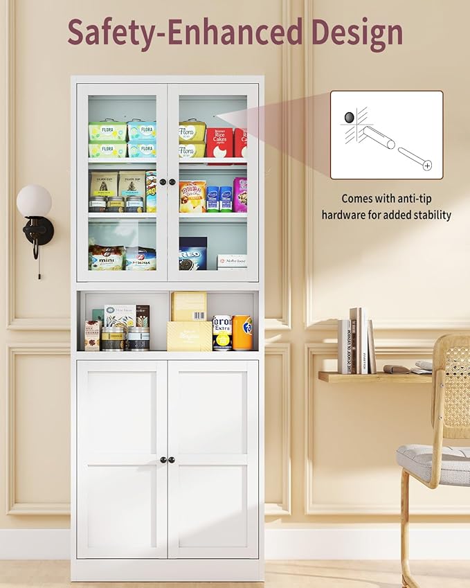 Kitchen Pantry Cabinet with Glass Doors, 72" Metal Storage Cabinet with 4 Adjustable Shelves, Kitchen Pantry with Hooks for Home, Living Room, Assemble Required (White)