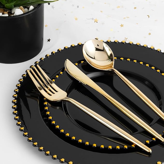 EI 60pcs Black Plastic Plates,Black and Gold Plastic Plates Disposable,Fancy Heavy Duty Plate for Party,Birthday,Anniversary,Wedding,Afternoon Tea,Business Events,Hotel Banquets