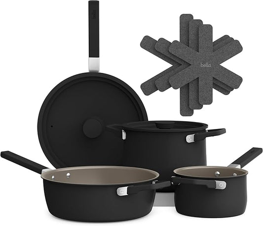 bella 9 Piece Ceramic Nonstick Cookware Set, Fits-anywhere??Kitchenware w EverGood??Coating, Dishwasher & Oven Safe, All Stovetops Compatible, Stackable Design, Cool Touch Handles, Black