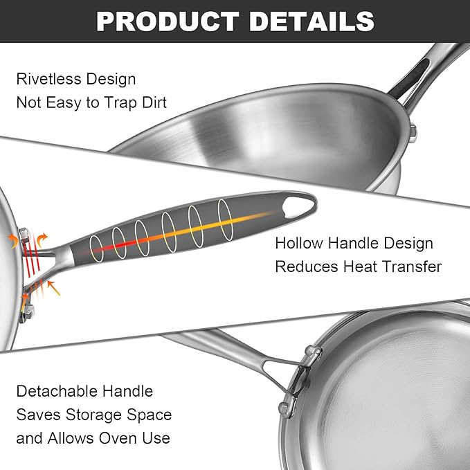 EWFEN Tri-Ply Stainless Steel Frying Pans Set, 8??10??12??Cooking pans, PFOA&PTFE Free Skillet, Induction Cooking Pan, Dishwasher and Oven Safe, Fast & Even Heat, Heavy Duty and Detachable Handle