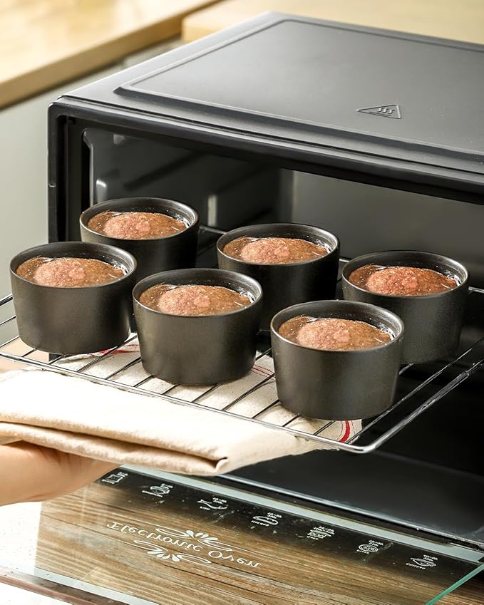 Tikooere Ramekins 4 oz, Oven Safe Souffl챕 Dishes for Creme Brulee, Souffle, Pudding, Lava Cake, Stoneware Custard Cups for Baking, Ceramic Sauce Bowls Set of 6, Kitchen Decor Gift, Matte Black