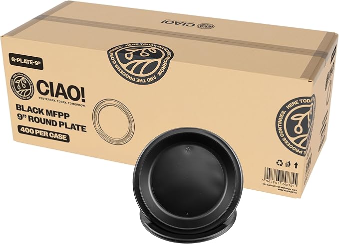 CIAO! 9" Black Heavy Weight Plastic Plate Mineral Filled Polypropylene MFPP (Case of 400)