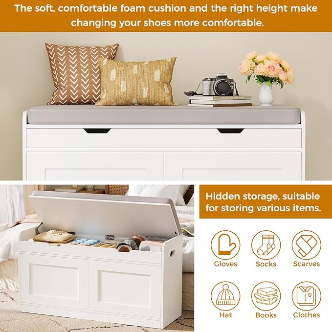 BEWISHOME Shoe Bench with Lift Top Storage, 2-Tier Storage Bench with Adjustable Shelf, Entryway Bench with Padded Seat Cushion, Wooden Shoe Organizer for Entryway Living Room Bedroom Hallway White