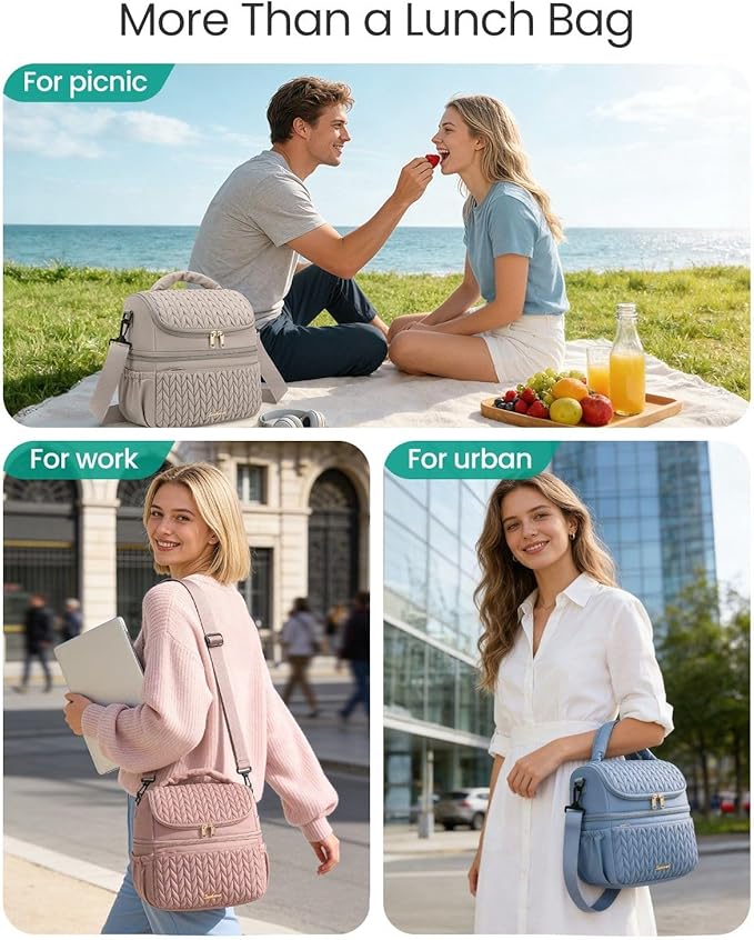 Leadvenst Lunch Bag Women Men, Double Deck Insulated Lunch Box, Large Capacity 12L with Detachable Divider for Tall Item, Leakproof, Durable & Reusable Cooler Bag For Work Picnic Travel, Quilted Khaki