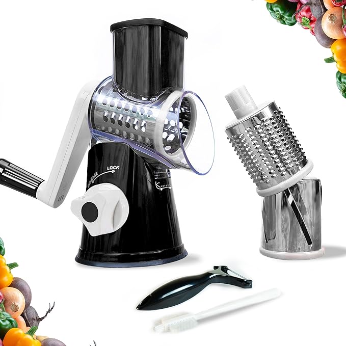 KARTWILL Rotary Cheese Grater Hand Crank with Handle - 3-in-1 Cheese Shredder - Easy to Clean Rotary Grater - Mandoline Vegetable Slicer - with Brush and Peeler - Black