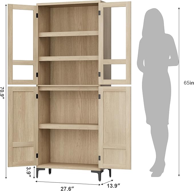 IDEALHOUSE Tall Storage Cabinet with Glass Doors, 71" Height, Adjustable Shelf, Light Oak Wood, Multi-Purpose Organizer for Kitchen Pantry and Bathroom (Natural Wood, 4 Doors with Glass)