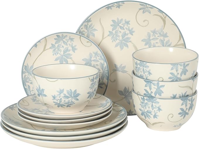 Gibson Home Admiral Hall 12-Piece Matte Stoneware Dinnerware Set ??Dinner Plates, Salad Plates & Bowls with Blue Floral Pattern, Durable Everyday Dish Set, Microwave & Dishwasher Safe