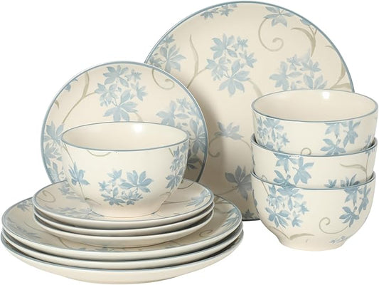 Gibson Home Admiral Hall 12-Piece Matte Stoneware Dinnerware Set ??Dinner Plates, Salad Plates & Bowls with Blue Floral Pattern, Durable Everyday Dish Set, Microwave & Dishwasher Safe