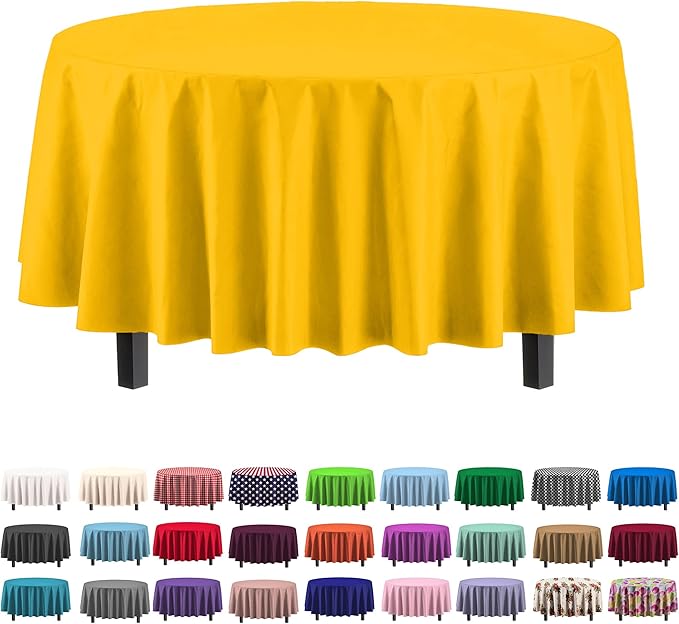 Party Solids 6-Pack Premium Plastic Tablecloth 84in. Round Plastic Table Cover - Yellow
